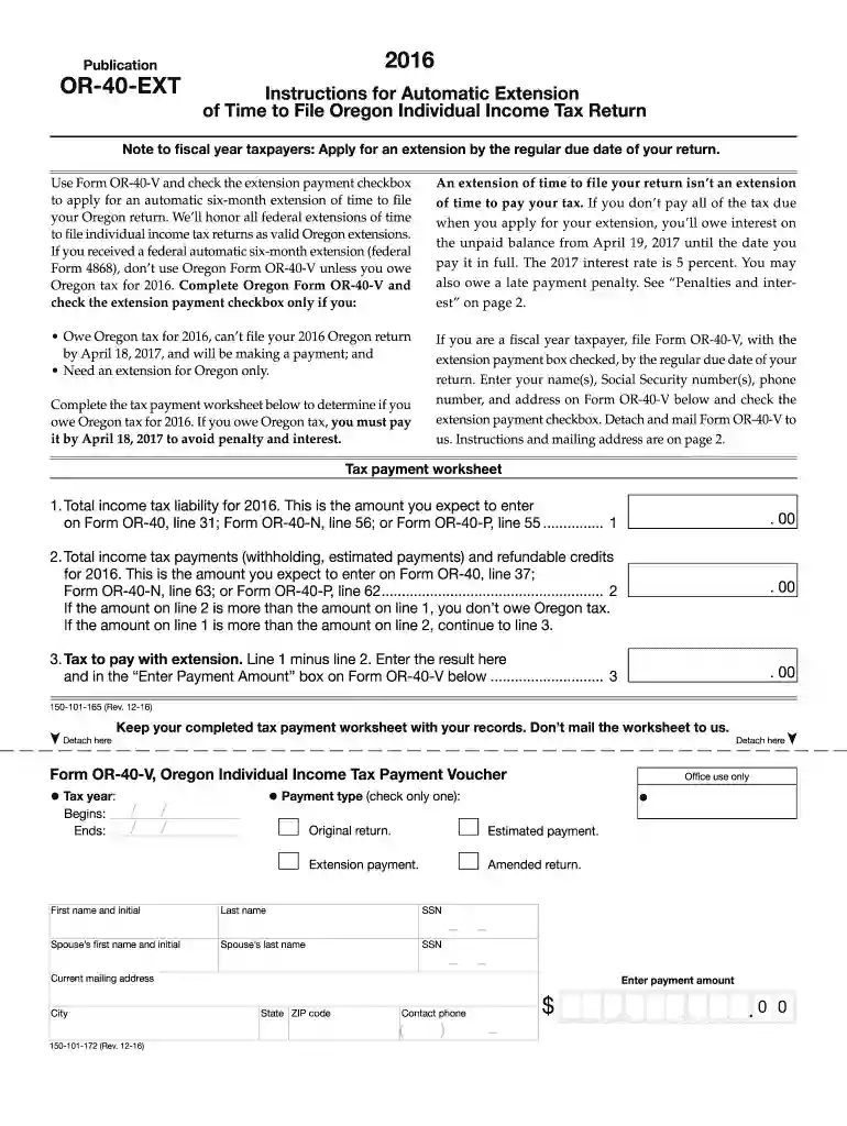 2016 Form 40-ESV Instructions, Oregon 40-V Income Tax Payment Voucher, 150-101-026 Preview on Page 1
