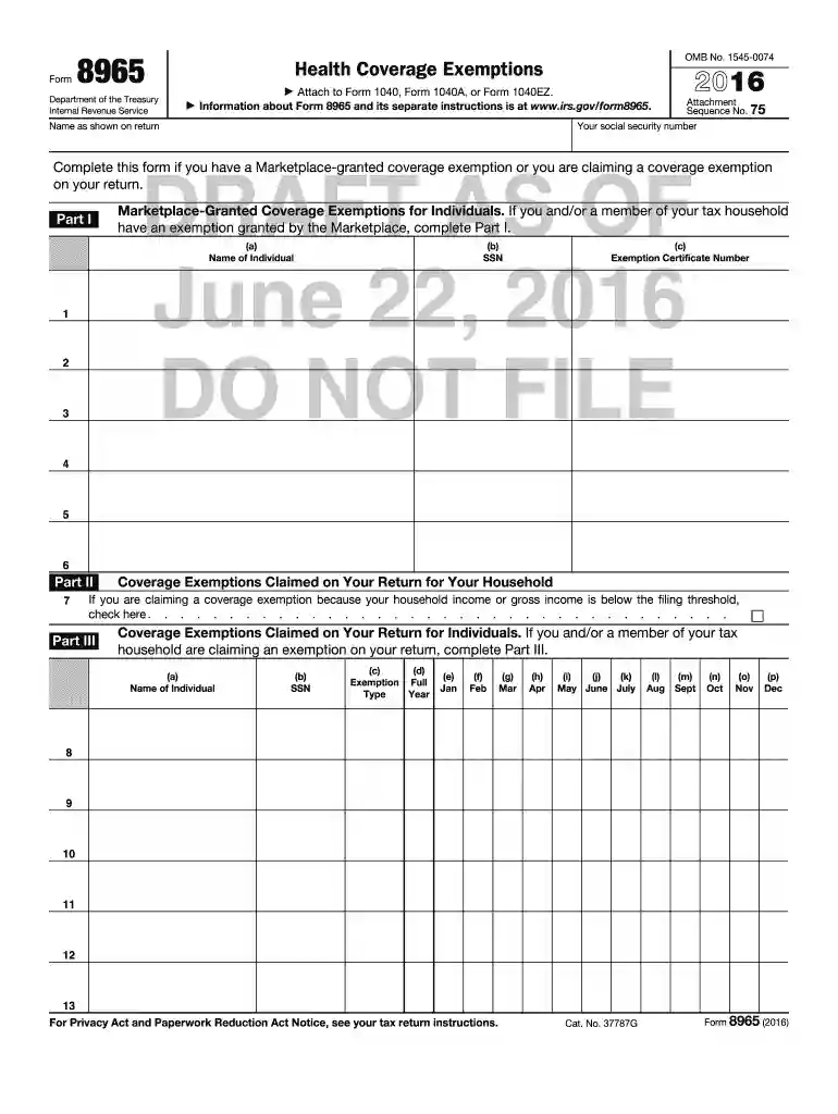 form 8965 2016 Preview on Page 1
