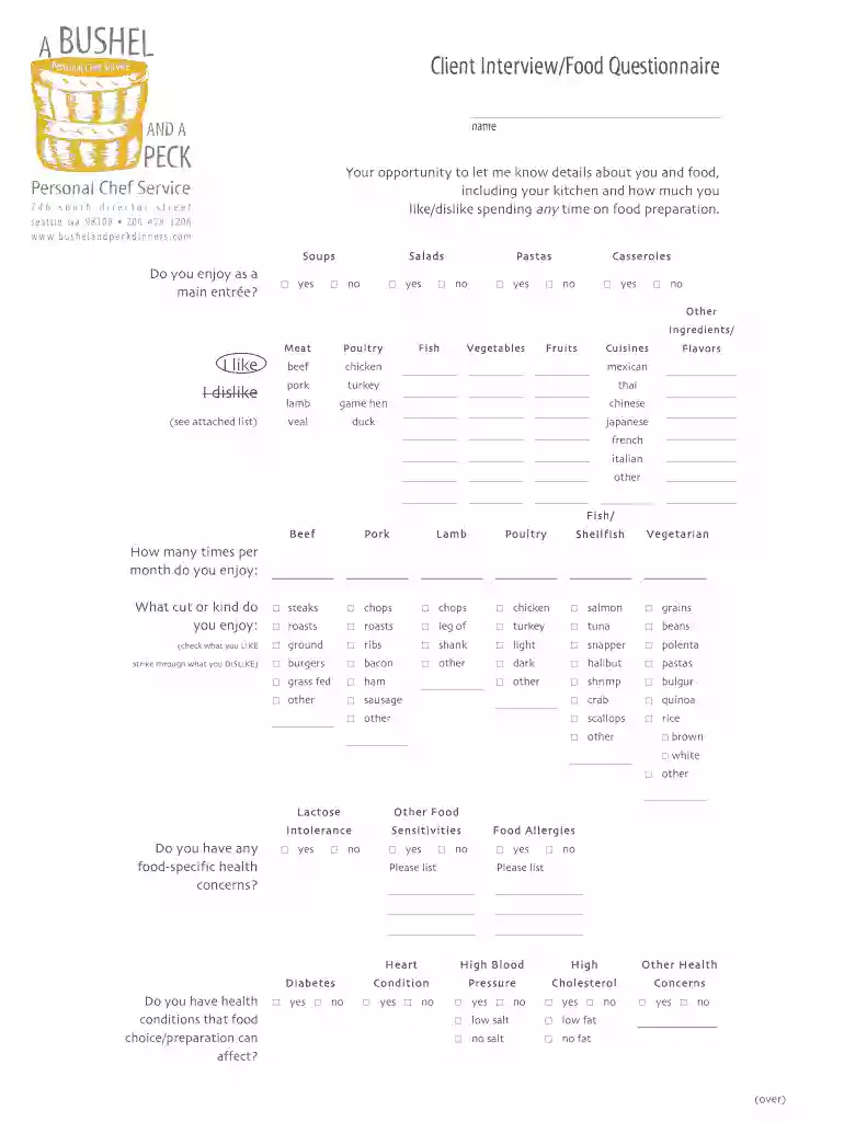 meal prep questionnaire for clients Preview on Page 1