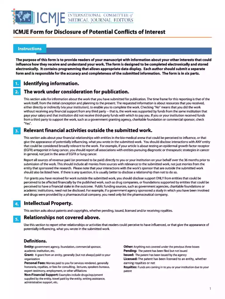 ICMJE Form for Disclosure of Potential Conflicts of Interest - Springer Preview on Page 1