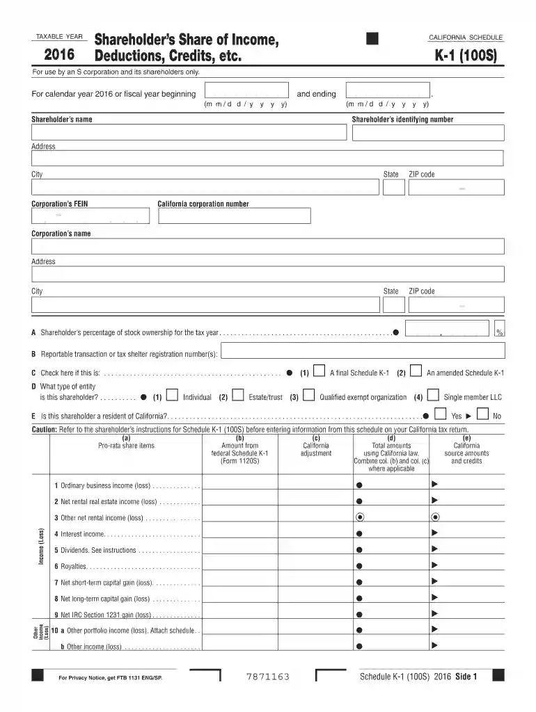 online ftb state of ca schedule k 1 for s corp 2016 form Preview on Page 1