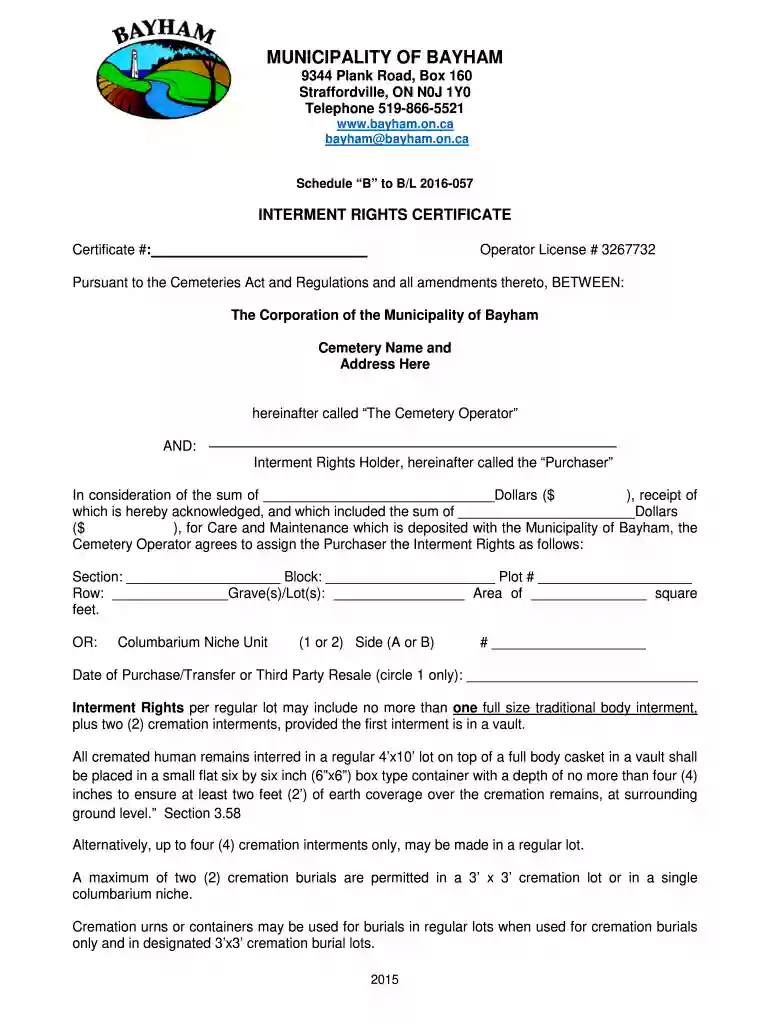 certificate of interment rights Preview on Page 1