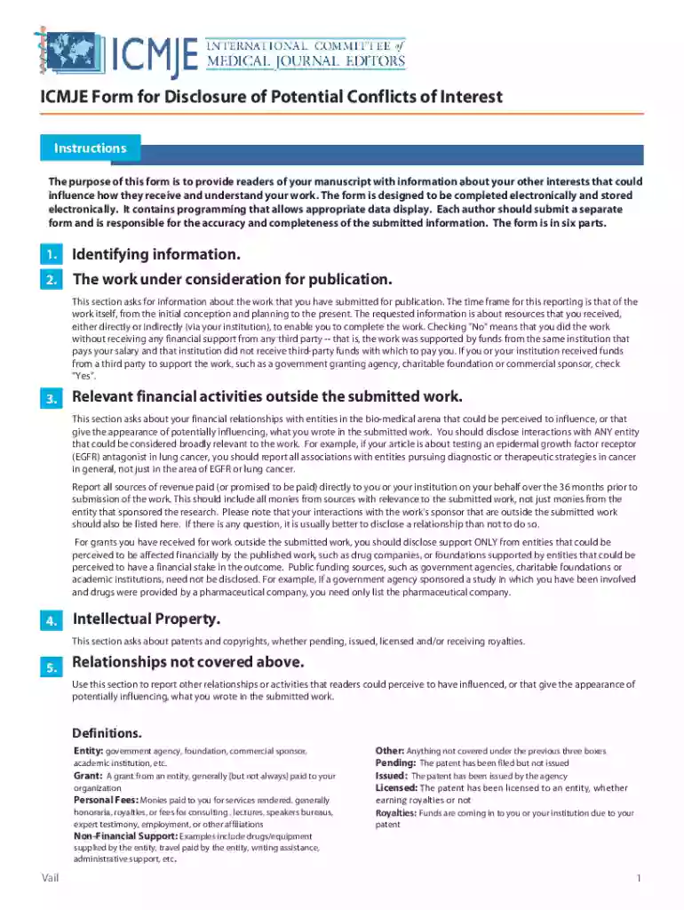 icmje form for disclosure of potential conflicts of interest Preview on Page 1