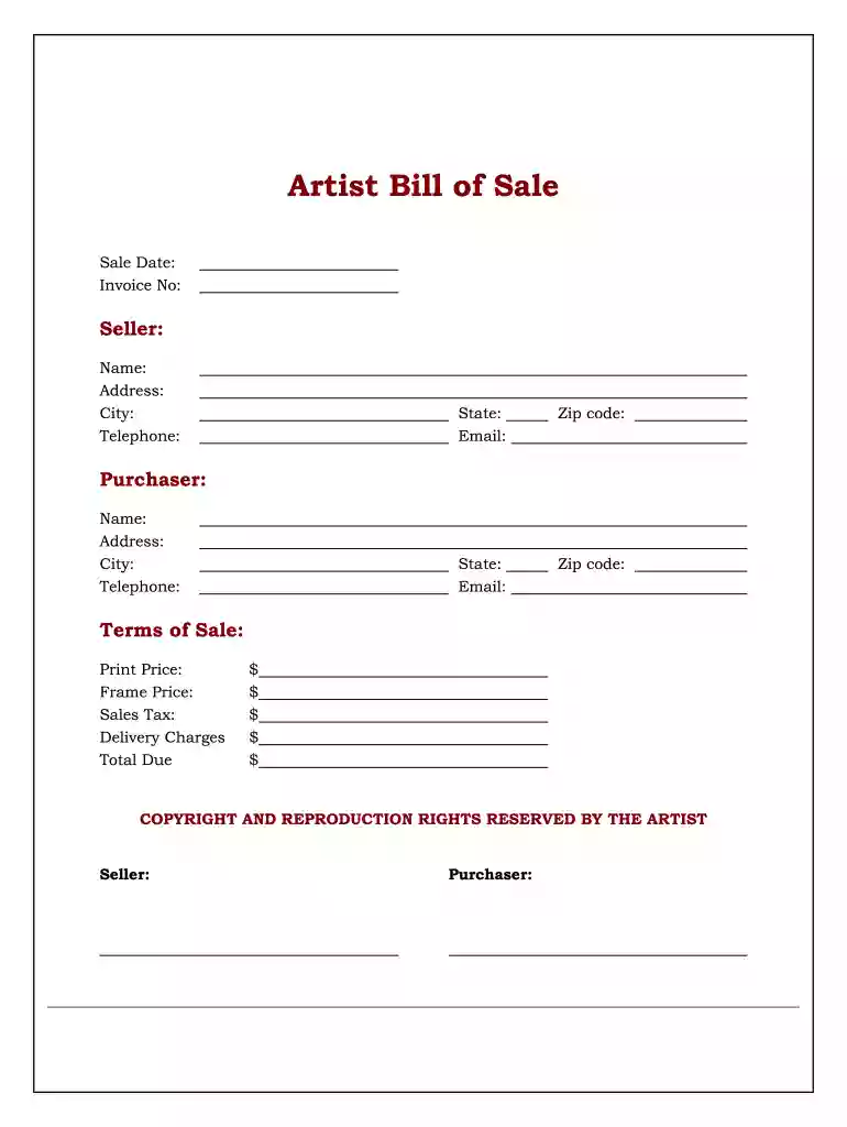 art bill of sale Preview on Page 1