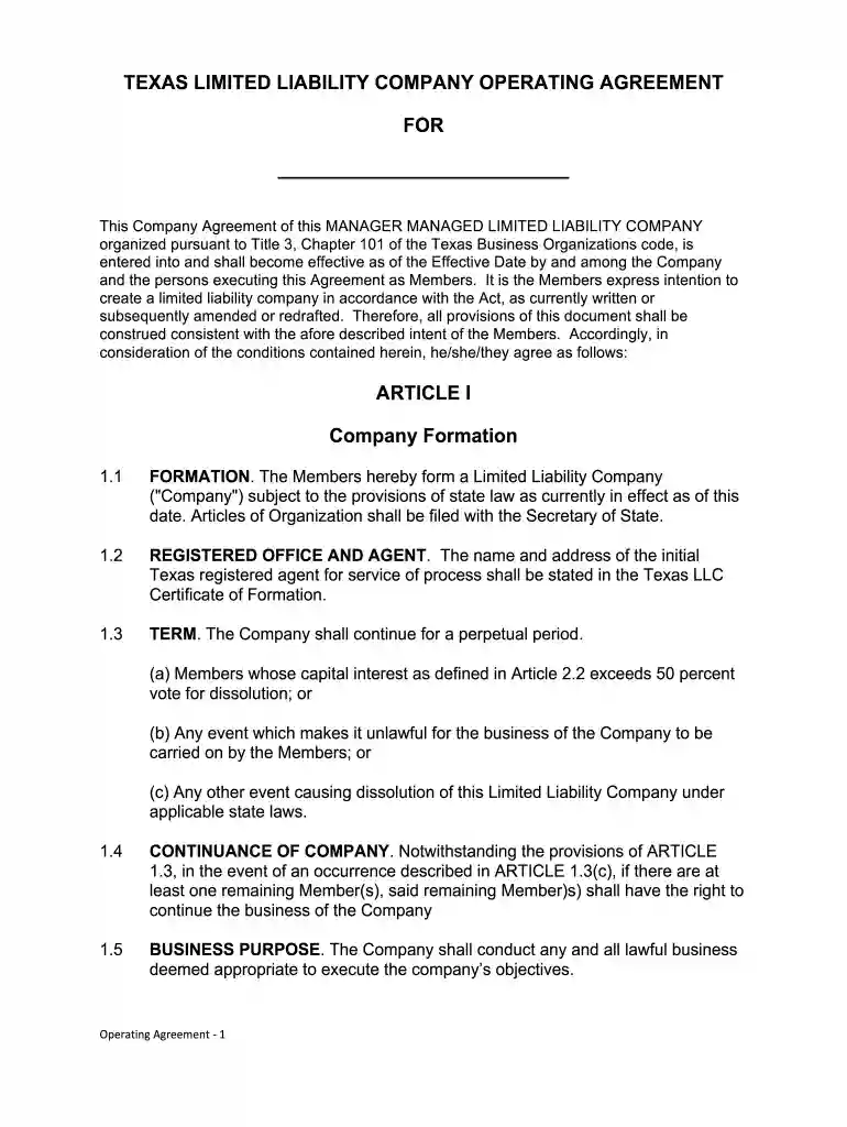 texas llc operating agreement template free Preview on Page 1