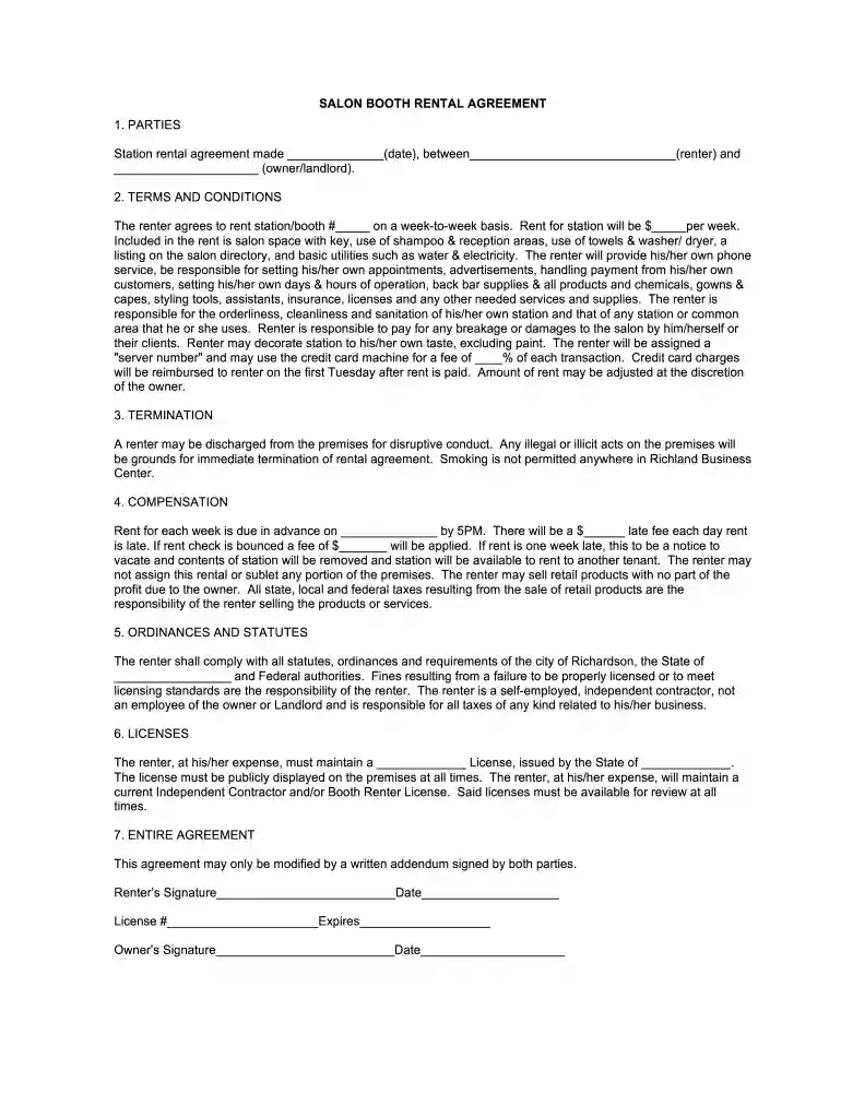 salon booth rental agreement free Preview on Page 1