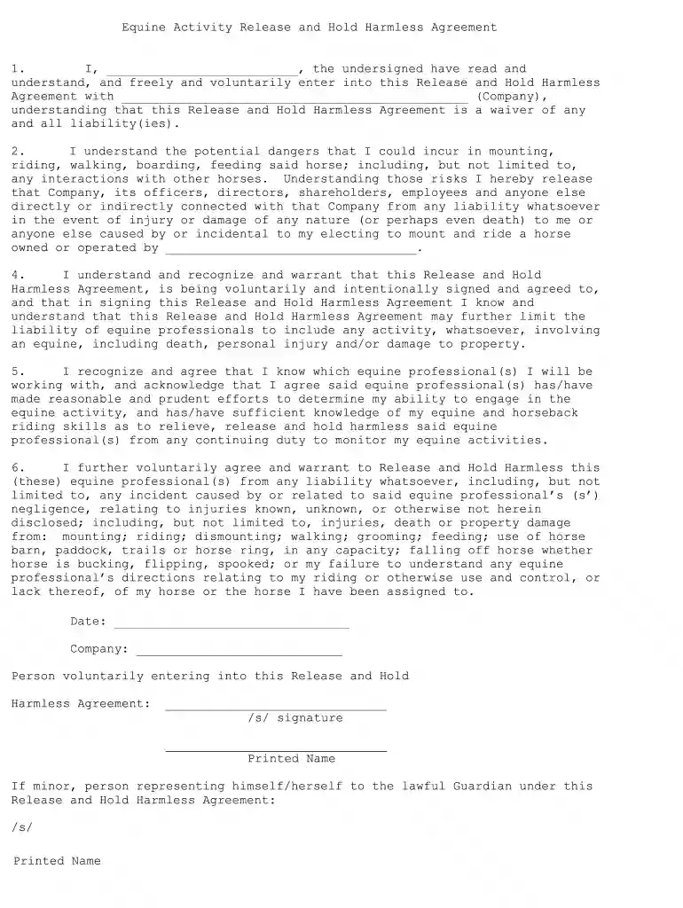 free equine liability waiver Preview on Page 1
