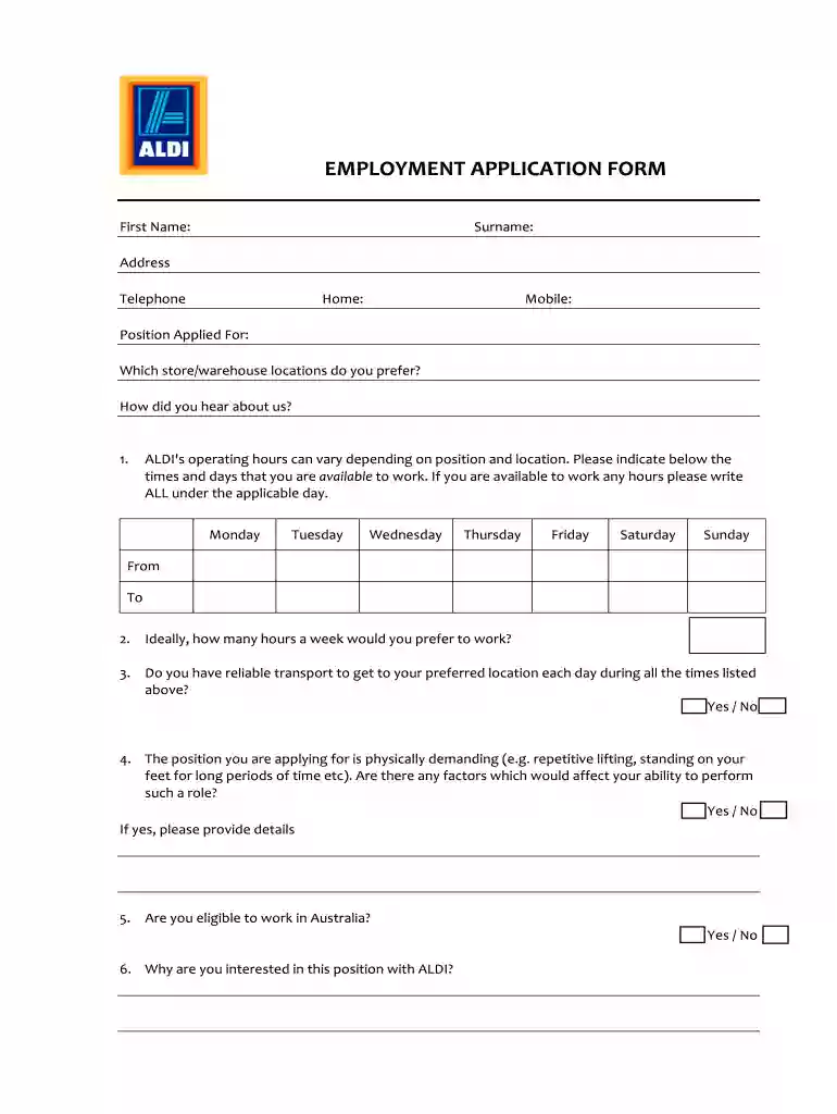 aldi employment application online Preview on Page 1