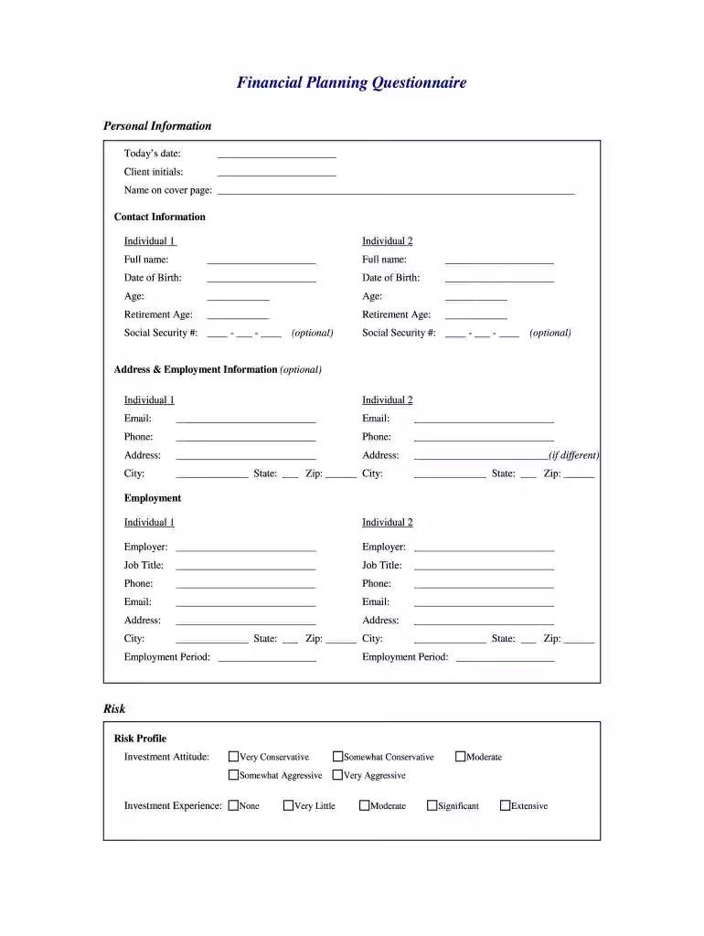 financial planning questionnaire template Preview on Page 1