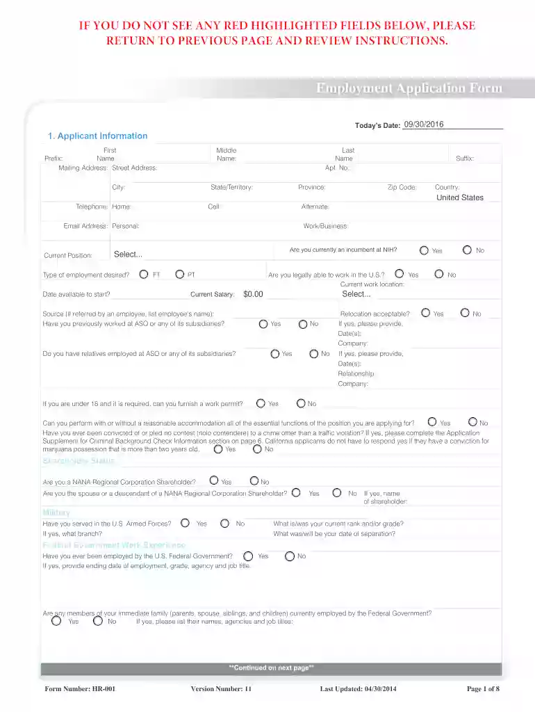 2014 employment application form Preview on Page 1