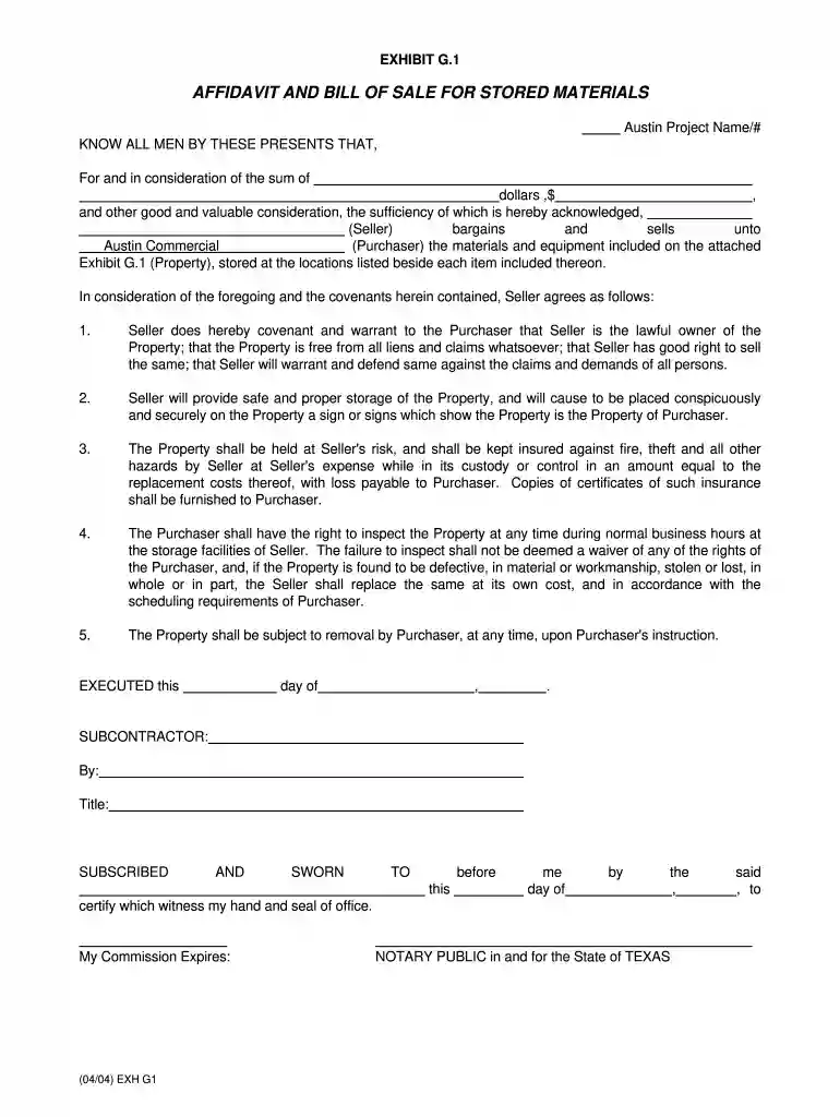 affidavit and bill of sale for stored materials Preview on Page 1