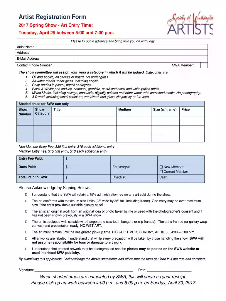 societyofwashingtonartistscom form Preview on Page 1