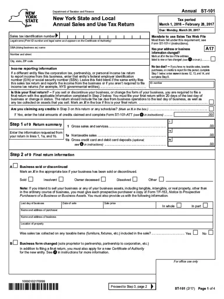 Form ST-101:2 17:New York State and Local Annual Sales and Preview on Page 1