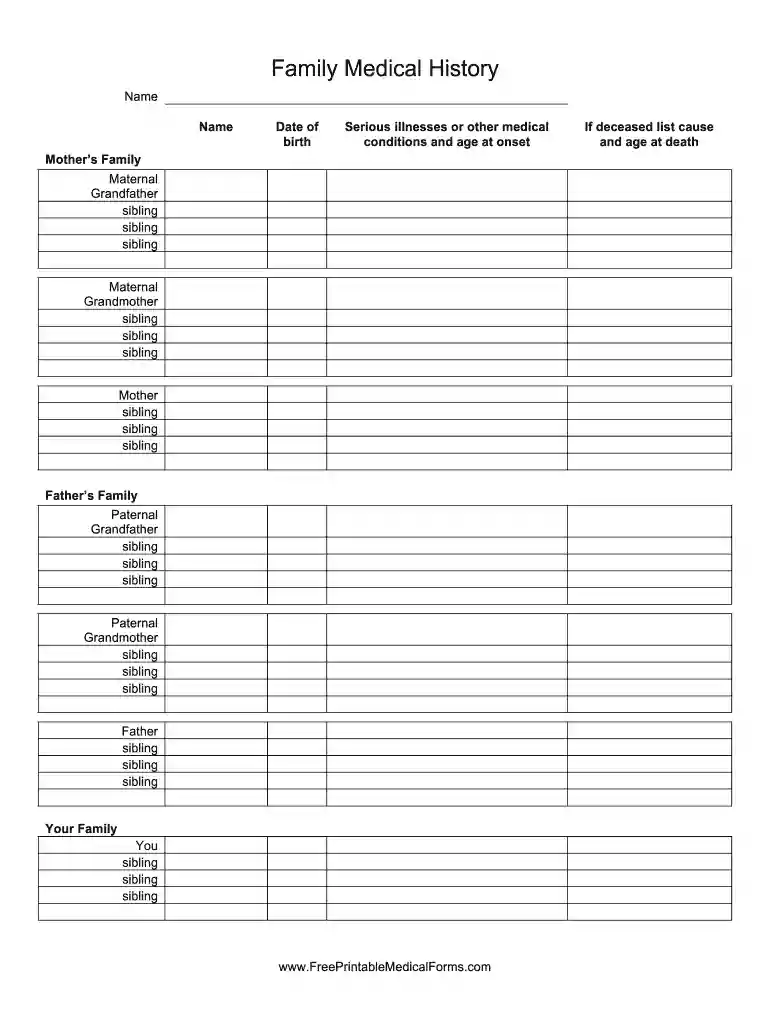 family medical history template Preview on Page 1