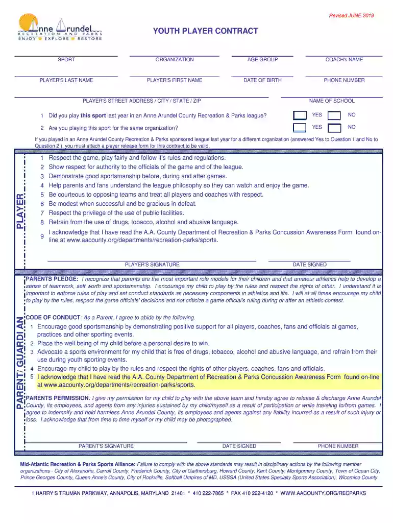 Youth Player Contract 1-12.xls Preview on Page 1