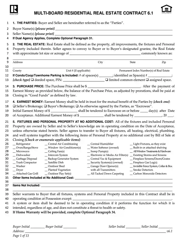 multi board residential real estate contract 6 1 fillable Preview on Page 1
