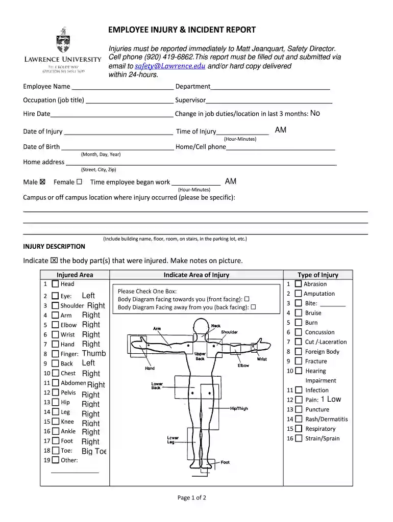 EMPLOYEE INJURY & INCIDENT REPORT - lawrence Preview on Page 1