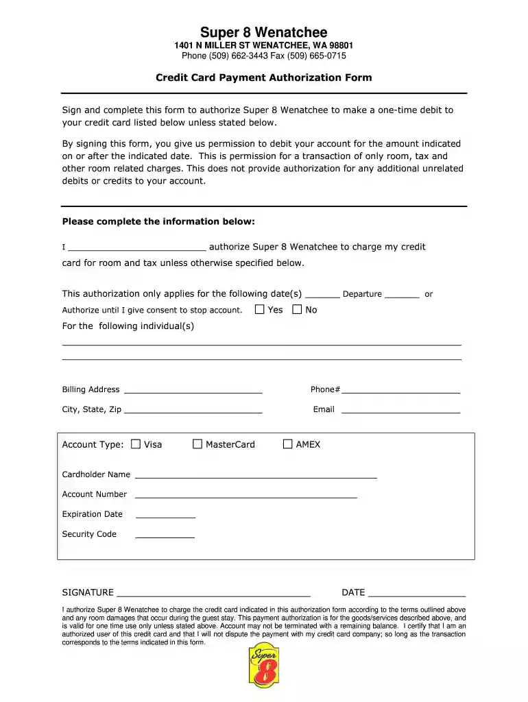 super 8 credit card authorization form Preview on Page 1