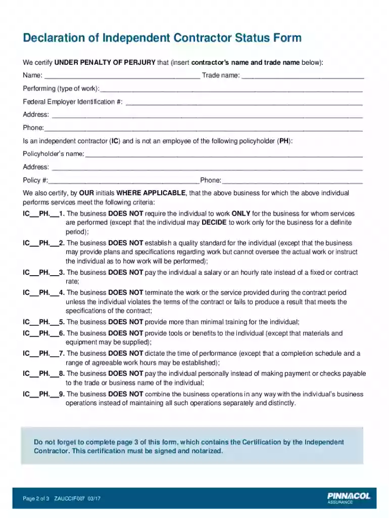 declaration of independent contractor status form Preview on Page 1