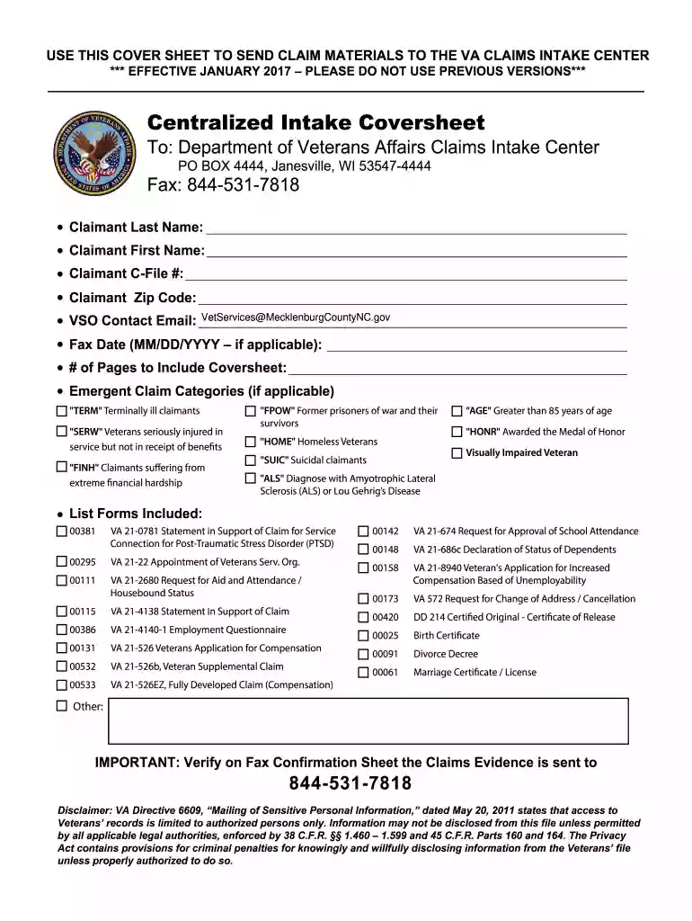 va centralized intake cover sheet Preview on Page 1