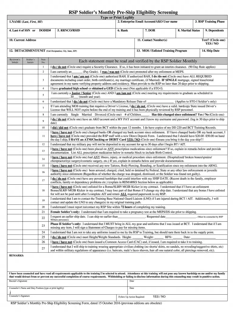 monthly pre ship eligibility screening Preview on Page 1