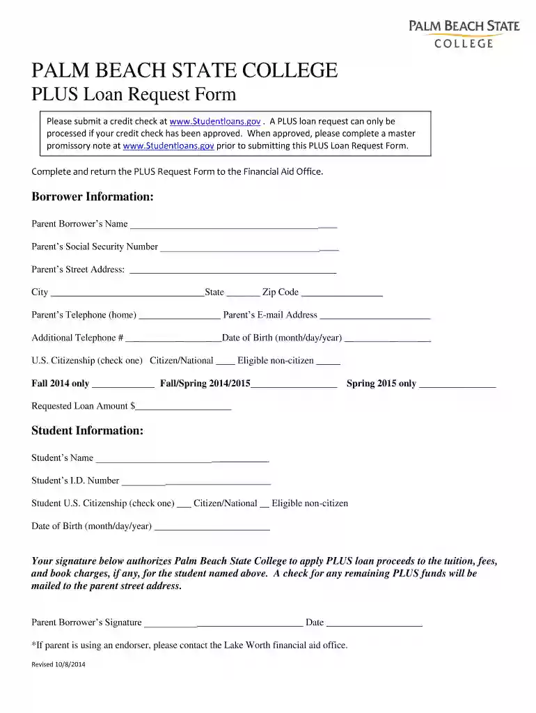 palm beach state plus loans form Preview on Page 1