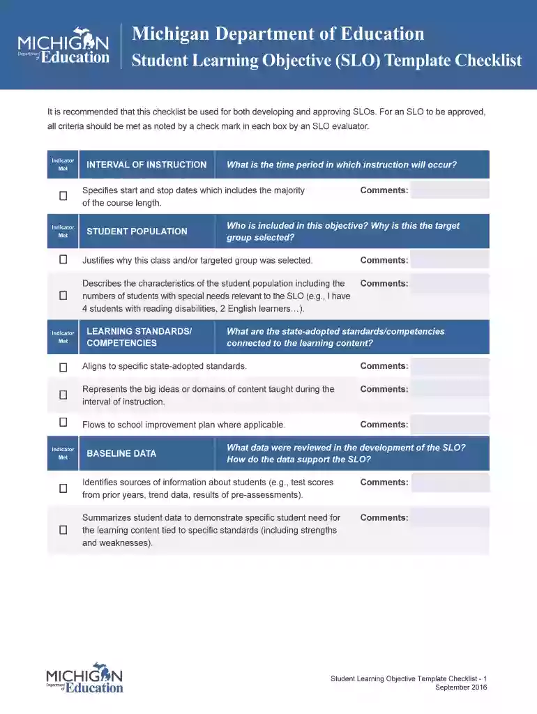 Student Learning Objective (SLO) Template - State of Michigan Preview on Page 1