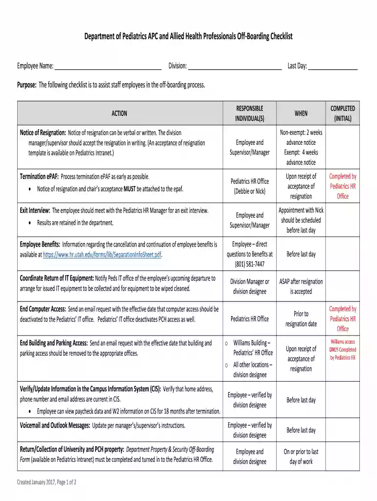 Department of Pediatrics APC and Allied Health Professionals Off-Boarding Checklist Preview on Page 1