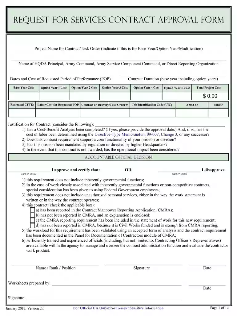 REquEST FOR SERVICES CONTRACT APPROVAL FORM - Army Preview on Page 1