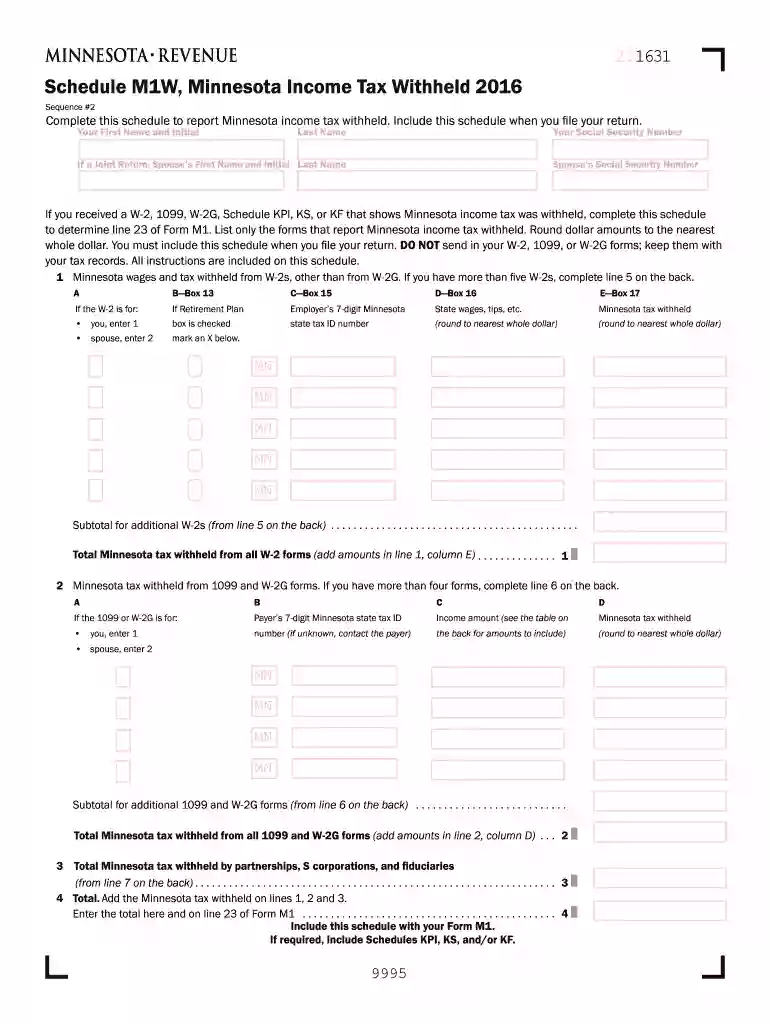 2016 Minnesota Income Tax Withheld - Minnesota Department of Preview on Page 1