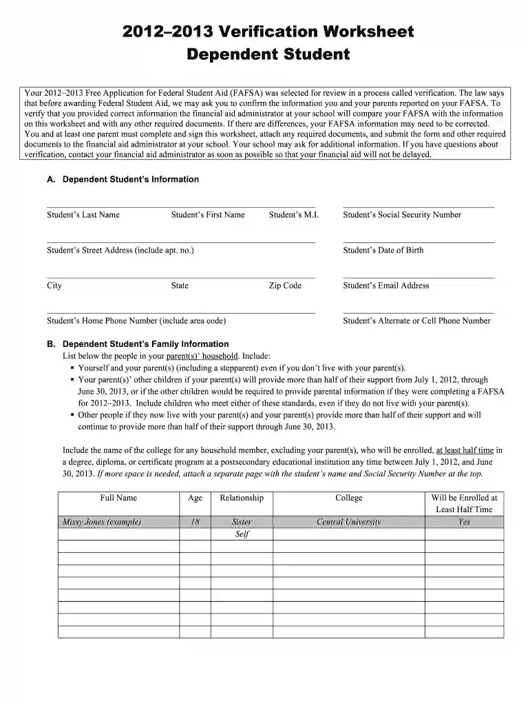 dependent student household worksheet Preview on Page 1