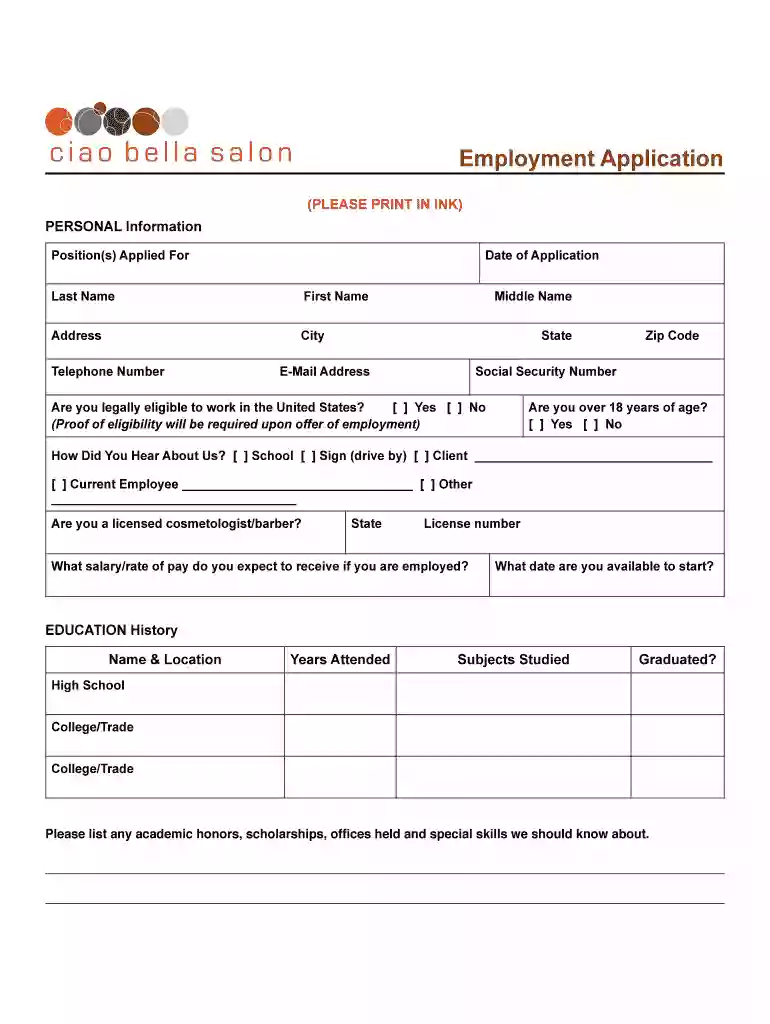 fl salon employment application Preview on Page 1