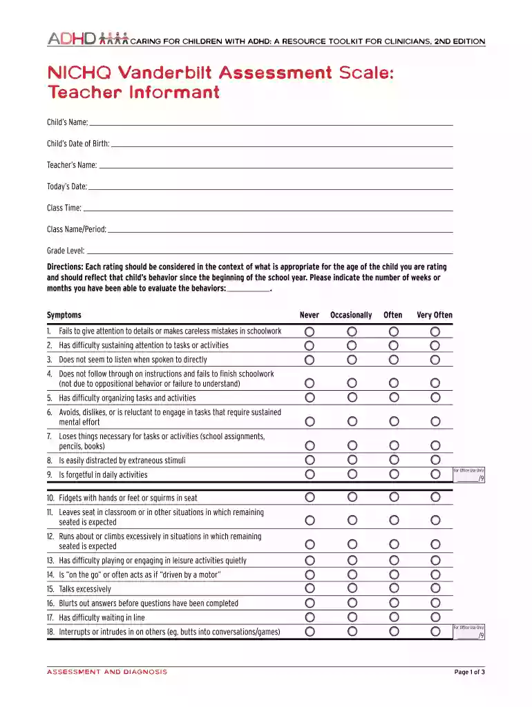 nichq vanderbilt assessment scale teacher informant Preview on Page 1