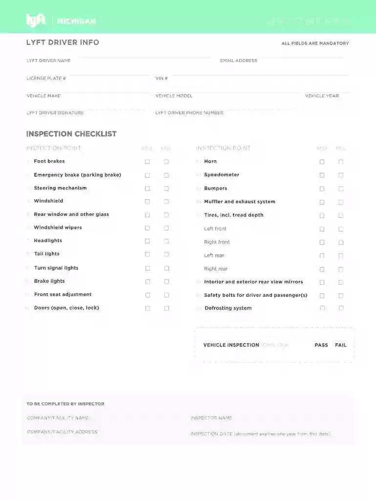 lyft inspection form Preview on Page 1