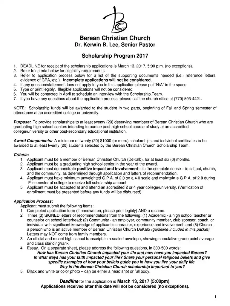 Scholarship Application Template 2003 - Berean Christian Church Preview on Page 1