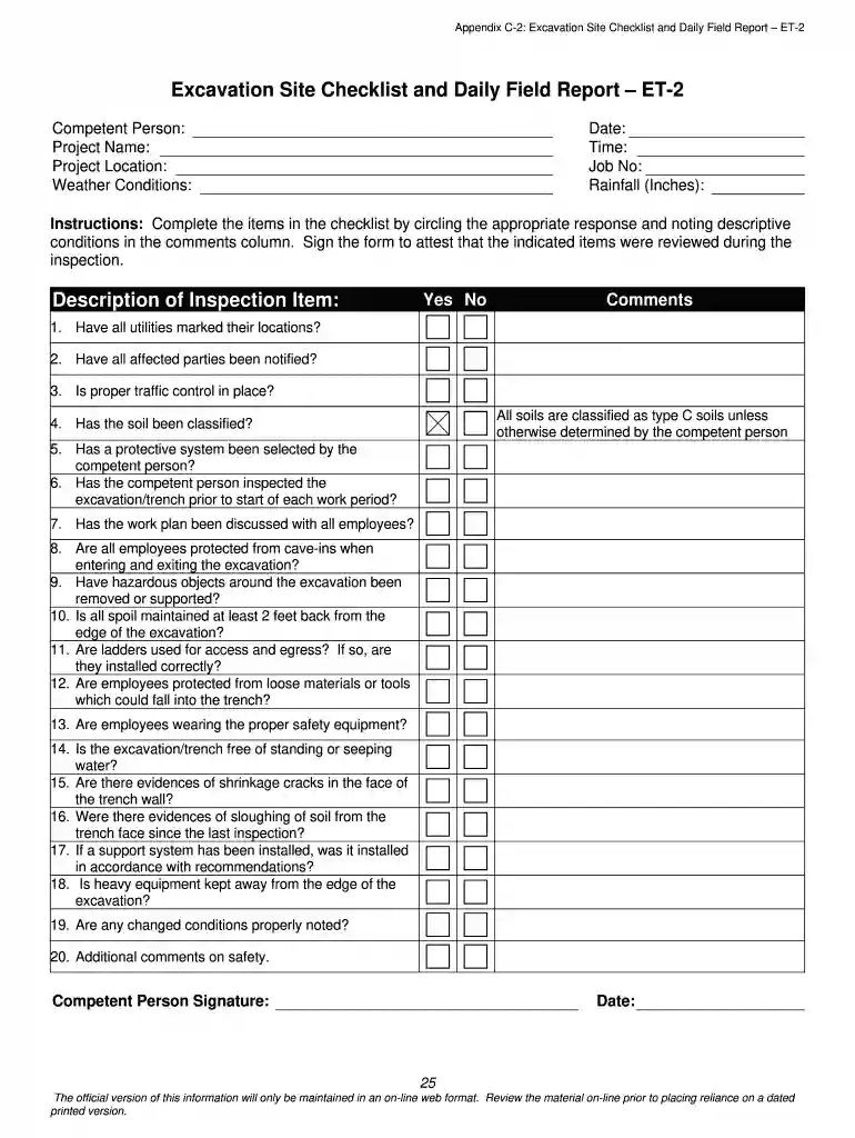 excavation checklist template Preview on Page 1