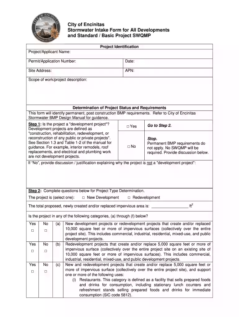 Intake Form and Standard SWQMP - City of Encinitas Preview on Page 1