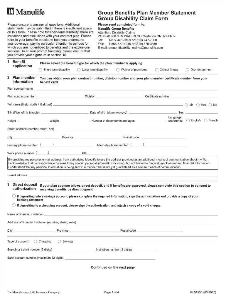 GL5450E Group Benefits Plan Member Statement. Group Disability Claim Form.. GL5450E Preview on Page 1