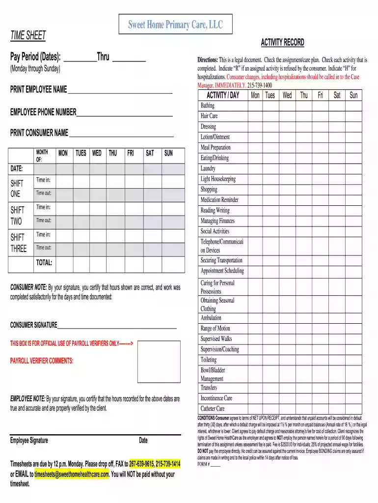free printable home health care timesheets Preview on Page 1