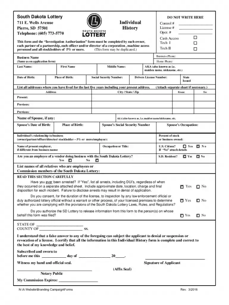 South Dakota Lottery Individual History Form Preview on Page 1