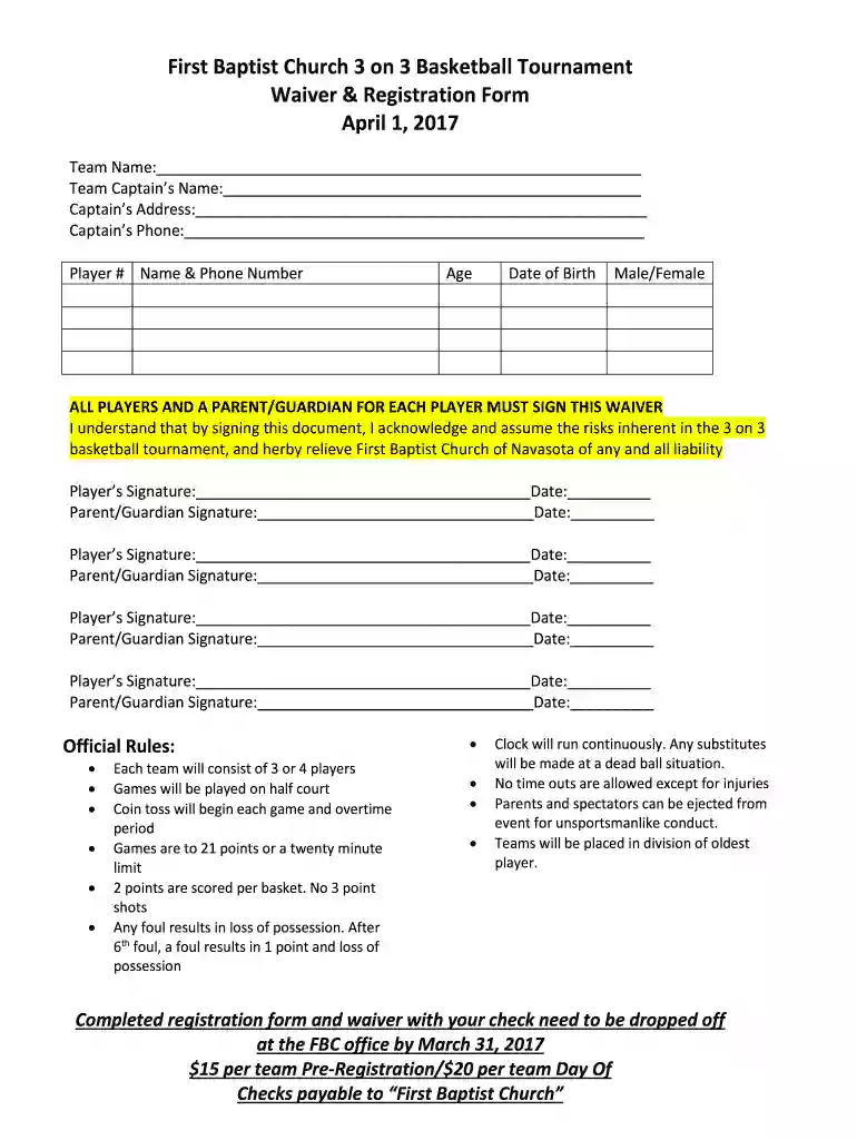 3 on 3 basketball tournament registration form template Preview on Page 1