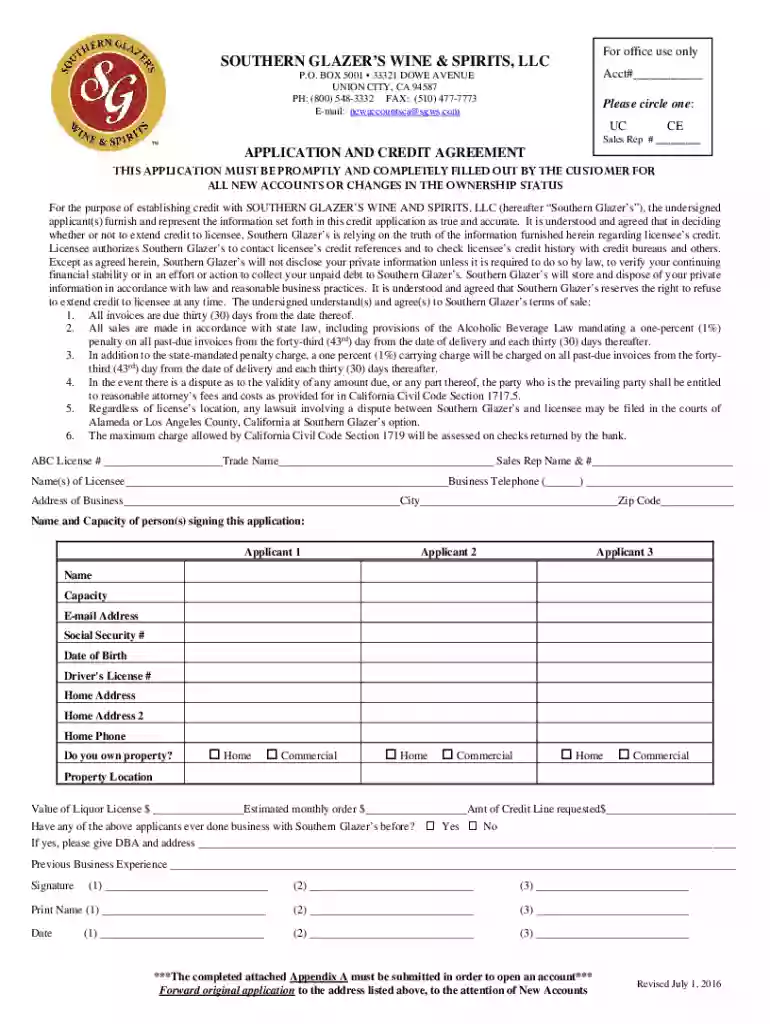 Credit Application CA - Southern Glazer's Wine and Spirits Preview on Page 1