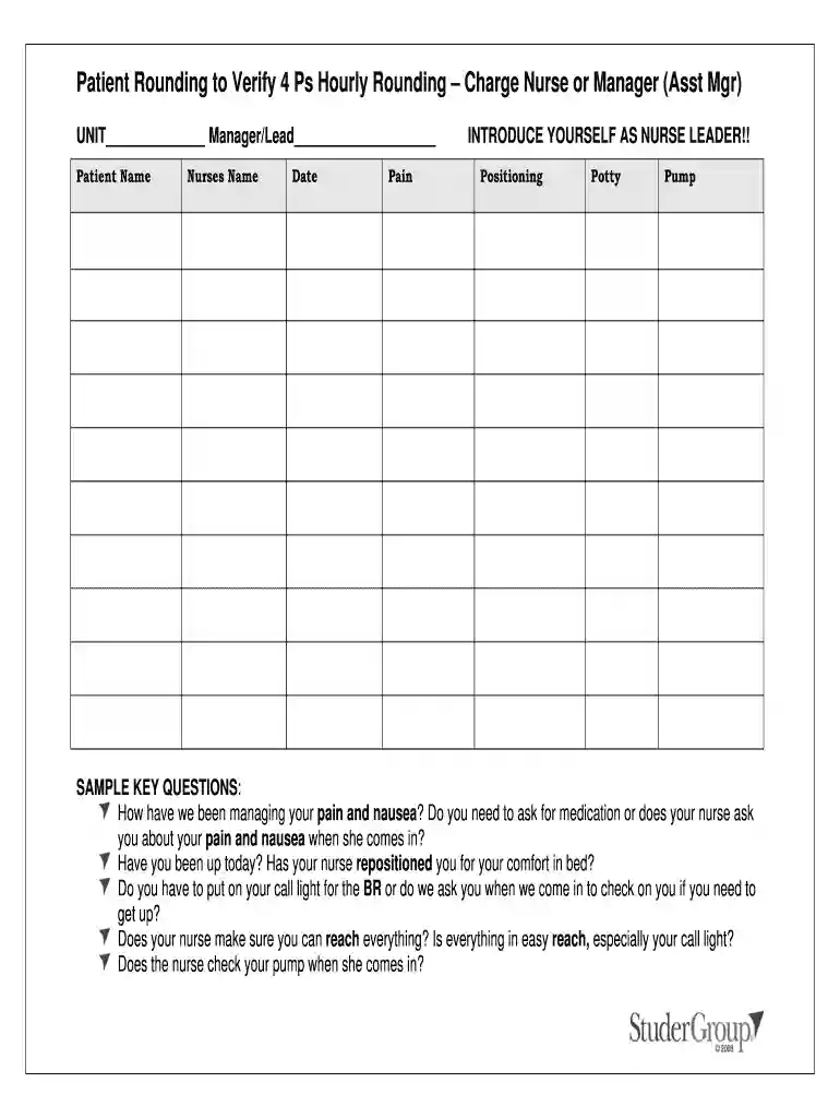 Patient Rounding to Verify 4 Ps Hourly Rounding Charge Nurse or Manager (Asst Mgr) Preview on Page 1