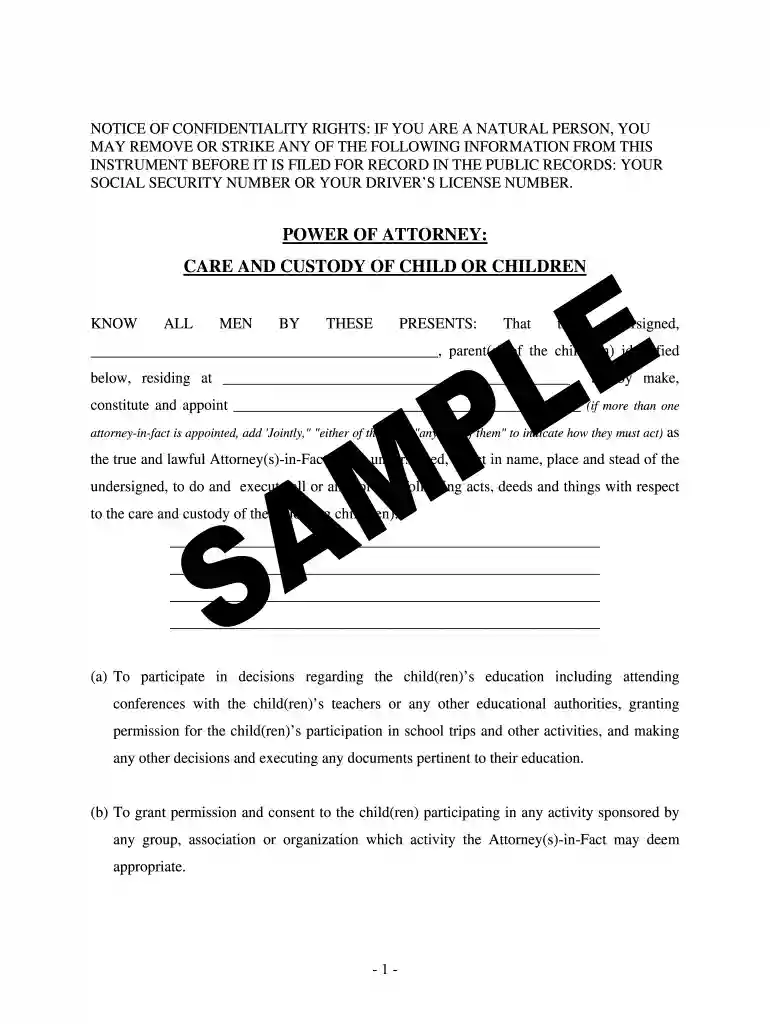 POWER OF ATTORNEY: CARE AND CUSTODY OF CHILD OR ... Preview on Page 1