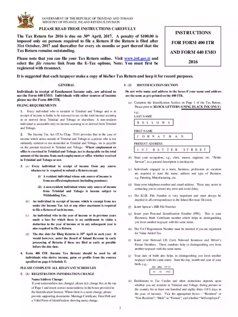 TT Instructions for Form 400 ITR and 440 EMO Preview on Page 1