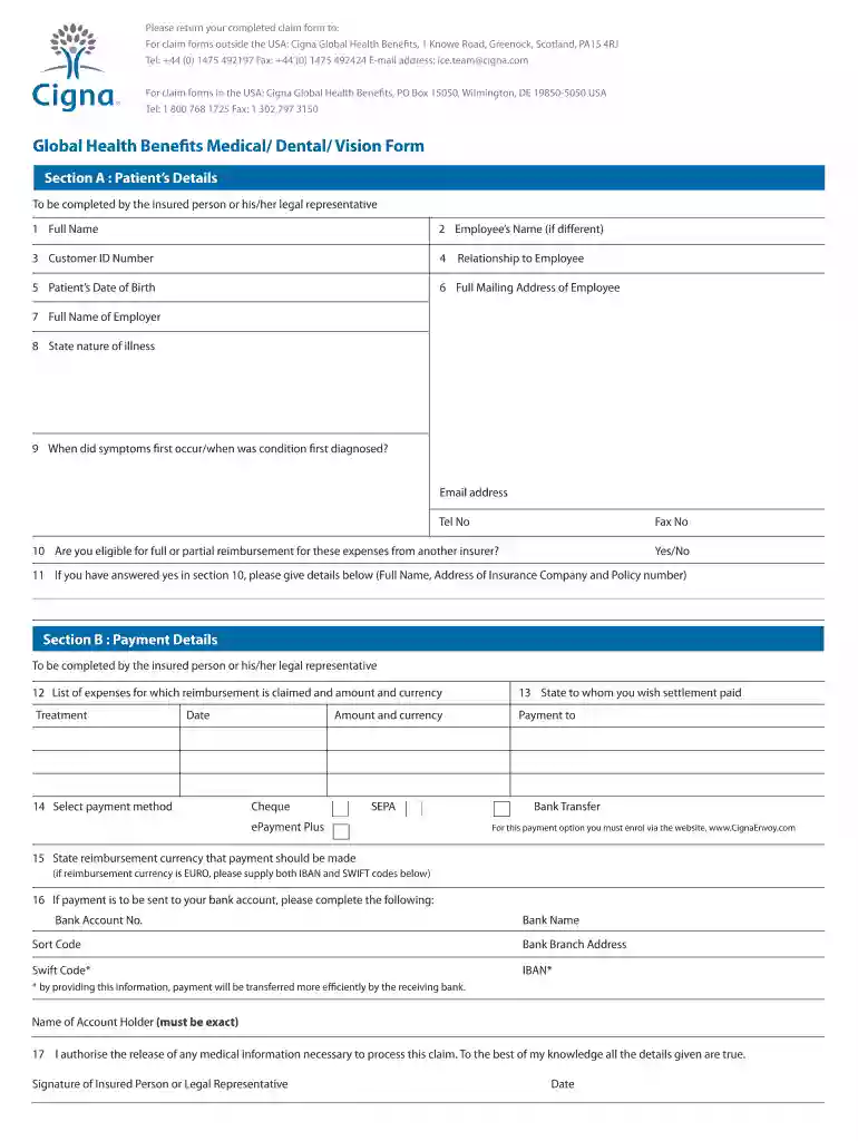 Global Health Benefits Medical Dental Vision Form Preview on Page 1