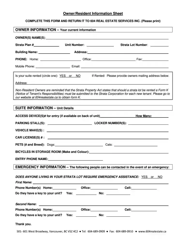 owner information form Preview on Page 1