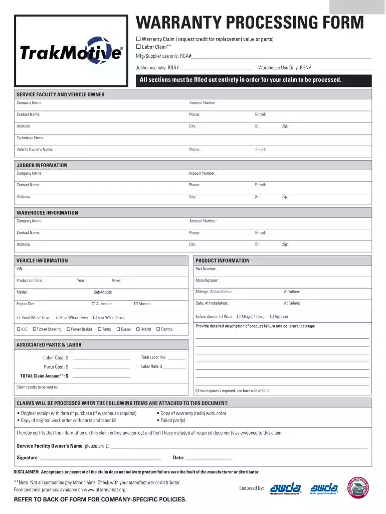 warranty processing form - Sanel Auto Parts Preview on Page 1
