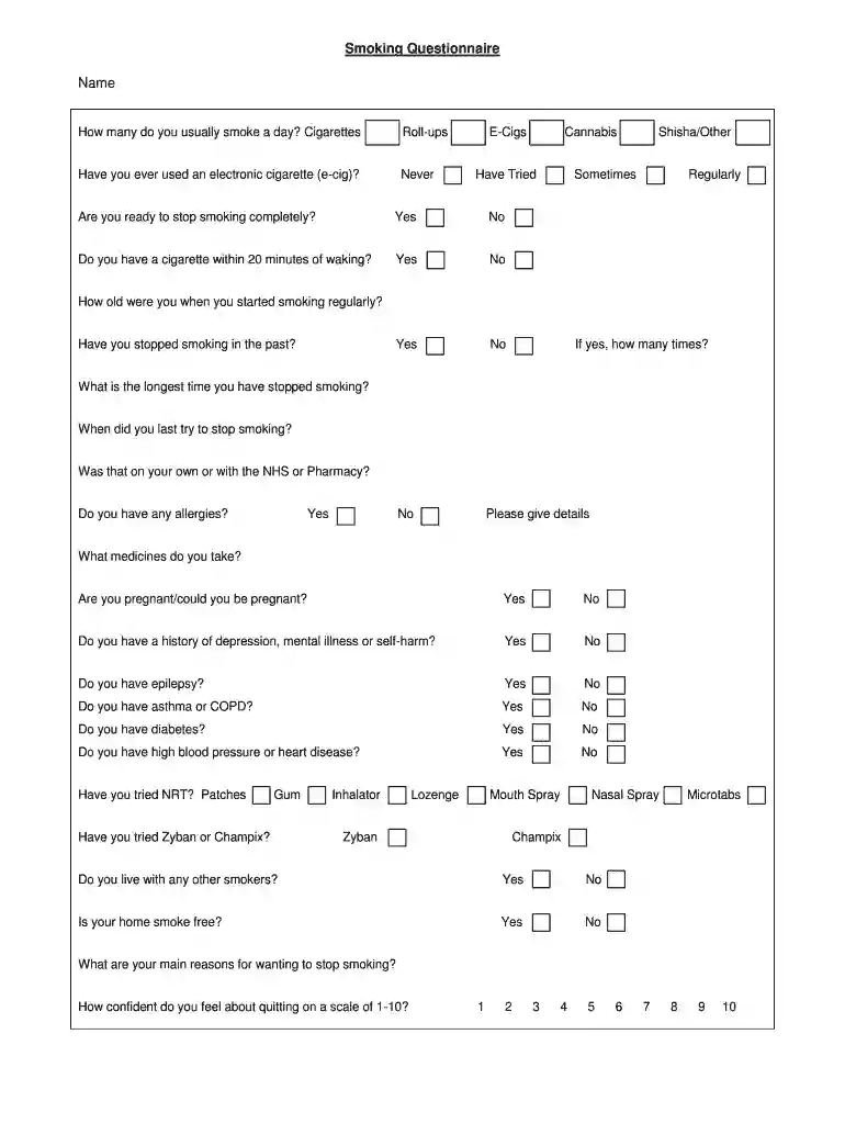 smoking questionnaire quit cigarette Preview on Page 1