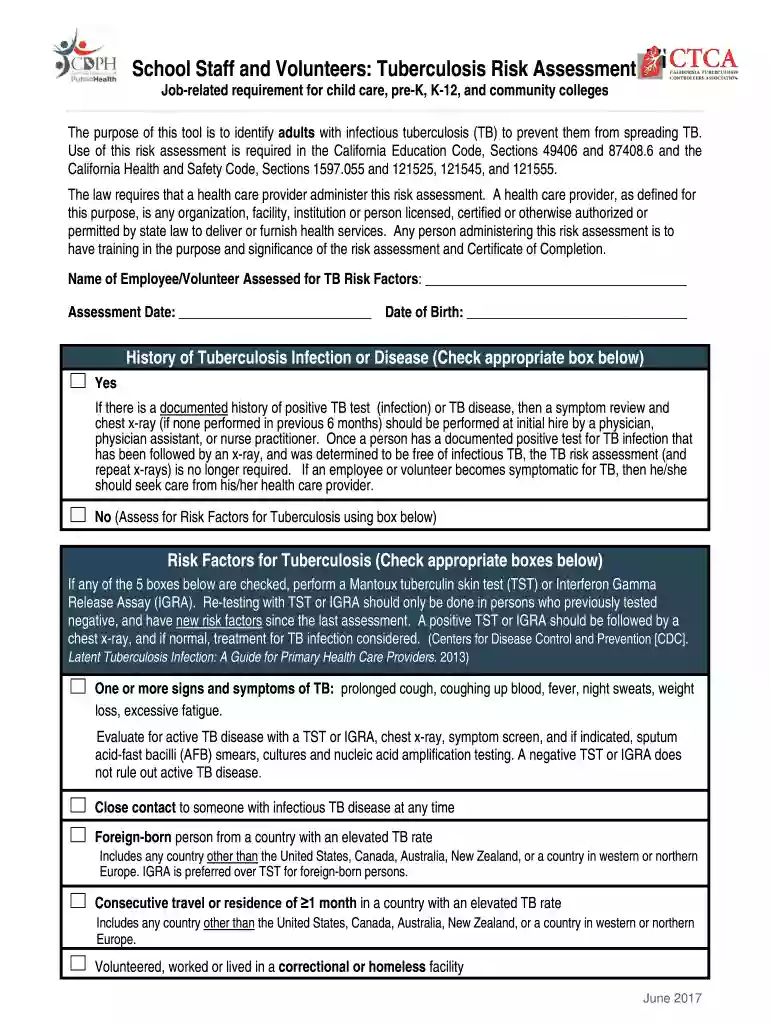 California Tuberculosis Risk Assessment for School Staff and Volunteers Preview on Page 1